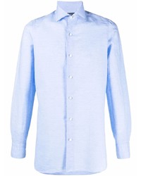Camicia a maniche lunghe di lino azzurra di Finamore 1925 Napoli