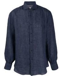 Camicia a maniche lunghe di lino blu scuro di Brunello Cucinelli