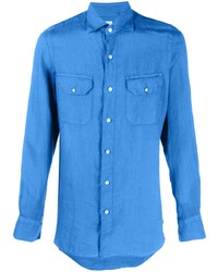 Camicia a maniche lunghe di lino blu di Finamore 1925 Napoli