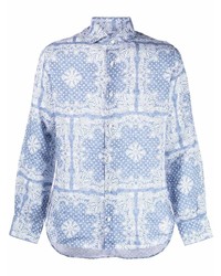 Camicia a maniche lunghe di lino con stampa cachemire azzurra di Fedeli