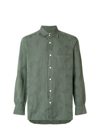 Camicia a maniche lunghe di lino con stampa cachemire verde oliva