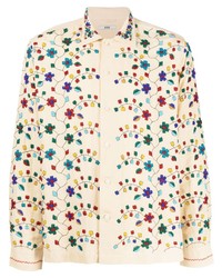 Camicia a maniche lunghe di lino decorata multicolore