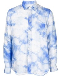Camicia a maniche lunghe di lino effetto tie-dye azzurra di 120% Lino