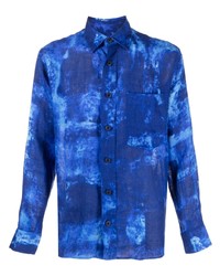 Camicia a maniche lunghe di lino effetto tie-dye blu di Destin