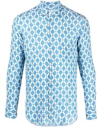Camicia a maniche lunghe di lino geometrica azzurra di PENINSULA SWIMWEA