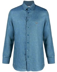 Camicia a maniche lunghe di lino ricamata blu di Etro