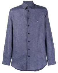 Camicia a maniche lunghe di lino ricamata blu di Etro