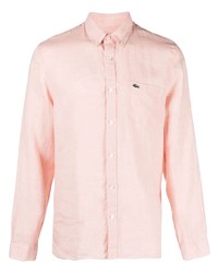 Camicia a maniche lunghe di lino ricamata rosa di Lacoste