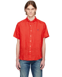 Camicia a maniche lunghe di lino ricamata rossa