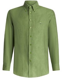Camicia a maniche lunghe di lino ricamata verde oliva di Etro