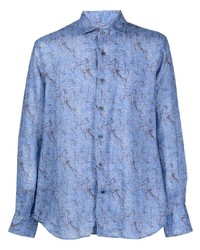 Camicia a maniche lunghe di lino stampata azzurra di Corneliani
