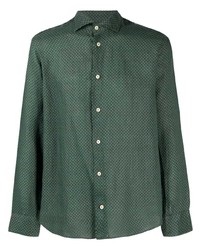 Camicia a maniche lunghe di lino stampata verde scuro