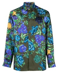 Camicia a maniche lunghe di seta a fiori verde oliva di Versace
