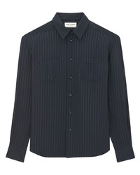 Camicia a maniche lunghe di seta a righe verticali blu scuro di Saint Laurent