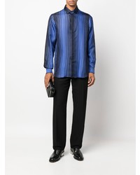 Camicia a maniche lunghe di seta a righe verticali blu di Moschino
