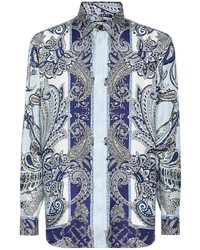 Camicia a maniche lunghe di seta con stampa cachemire azzurra di Philipp Plein