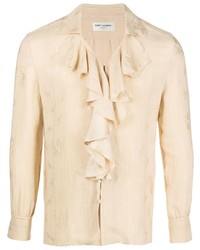 Camicia a maniche lunghe di seta con volant beige di Saint Laurent