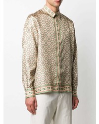 Camicia a maniche lunghe di seta geometrica beige di Casablanca