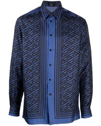 Camicia a maniche lunghe di seta geometrica blu scuro di Versace
