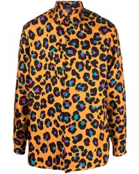 Camicia a maniche lunghe di seta leopardata arancione di Versace