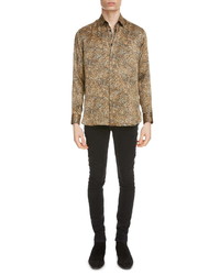 Camicia a maniche lunghe di seta leopardata marrone chiaro