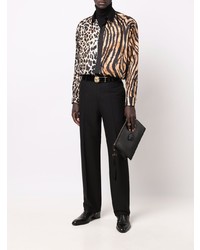 Camicia a maniche lunghe di seta leopardata marrone chiaro di Roberto Cavalli