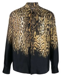 Camicia a maniche lunghe di seta leopardata marrone chiaro di Roberto Cavalli