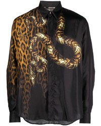 Camicia a maniche lunghe di seta leopardata marrone scuro di Roberto Cavalli