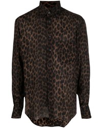 Camicia a maniche lunghe di seta leopardata marrone scuro di Tom Ford