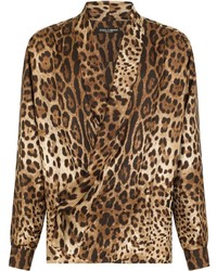 Camicia a maniche lunghe di seta leopardata marrone di Dolce & Gabbana