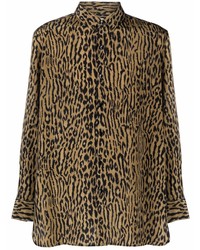 Camicia a maniche lunghe di seta leopardata marrone di Saint Laurent