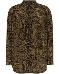 Camicia a maniche lunghe di seta leopardata marrone di Saint Laurent