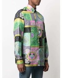 Camicia a maniche lunghe di seta patchwork multicolore di Versace Collection