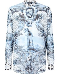 Camicia a maniche lunghe di seta stampata azzurra di Dolce & Gabbana