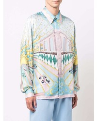 Camicia a maniche lunghe di seta stampata azzurra di Casablanca