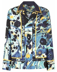 Camicia a maniche lunghe di seta stampata blu scuro di Dolce & Gabbana