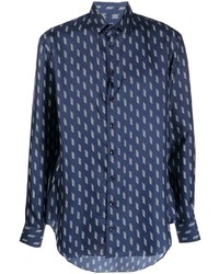Camicia a maniche lunghe di seta stampata blu scuro di Giorgio Armani