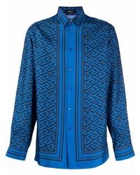 Camicia a maniche lunghe di seta stampata blu scuro di Versace
