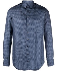 Camicia a maniche lunghe di seta stampata blu di Giorgio Armani