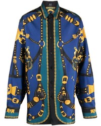 Camicia a maniche lunghe di seta stampata blu di Versace