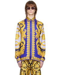 Camicia a maniche lunghe di seta stampata gialla di Versace