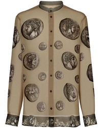 Camicia a maniche lunghe di seta stampata marrone chiaro di Dolce & Gabbana