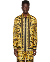Camicia a maniche lunghe di seta stampata marrone scuro di Versace