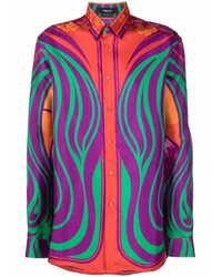Camicia a maniche lunghe di seta stampata multicolore di Versace