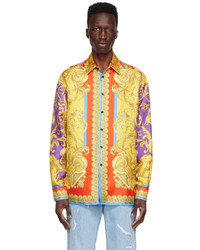 Camicia a maniche lunghe di seta stampata multicolore di Versace