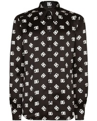Camicia a maniche lunghe di seta stampata nera e bianca di Dolce & Gabbana