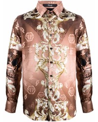 Camicia a maniche lunghe di seta stampata rosa di Philipp Plein