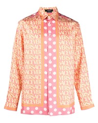 Camicia a maniche lunghe di seta stampata rosa di Versace