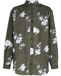 Camicia a maniche lunghe di velluto a coste a fiori verde oliva