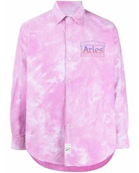 Camicia a maniche lunghe di velluto a coste effetto tie-dye rosa di Aries